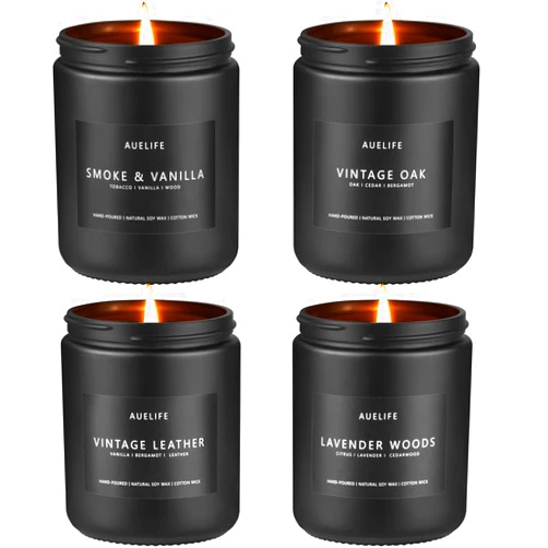 Auelife Scented Candles Set | Men Candle Set, Scented Candles for Home, Gifts for Men - 4 Pack Men Candle Gifts Soy Candles Scents of Lavender/Leather/Oak/Smoke & Vanilla