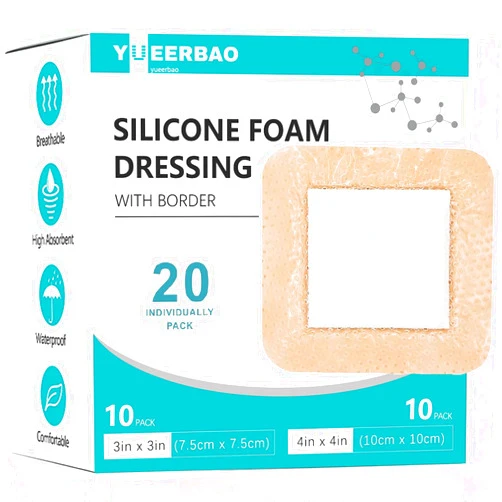 Yueerbao 20PcsSilicone Foam Dressing,Super AbsorbentBandages for Wounds, with Gentle Border Waterproof Self Adhesive Pressure Sore Pads, Bed Sore Patches,for Sensitive Skin Wound Care10Pcs 4x4 and 10Pcs 3x3