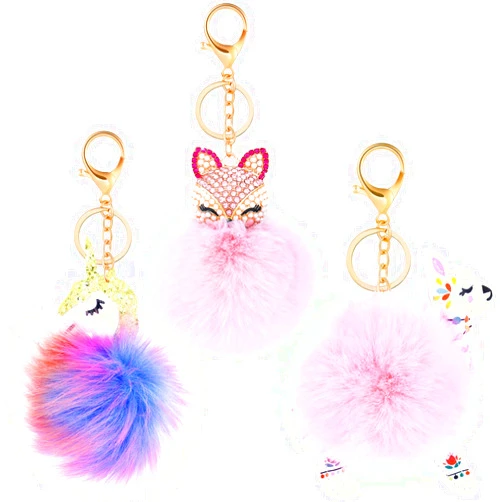 WILLBOND 3 Pieces Animal Pom Pom Keychain Cute Fluffy Key Ring Unicorn Keychain for Women Bag Accessories