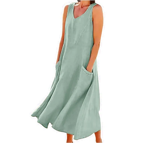 Miekld Linen Dresses for Women 2025 Summer Boho Sleeveless Elegant Flowy Beach Dresses Loose Comfy Dress with Pockets