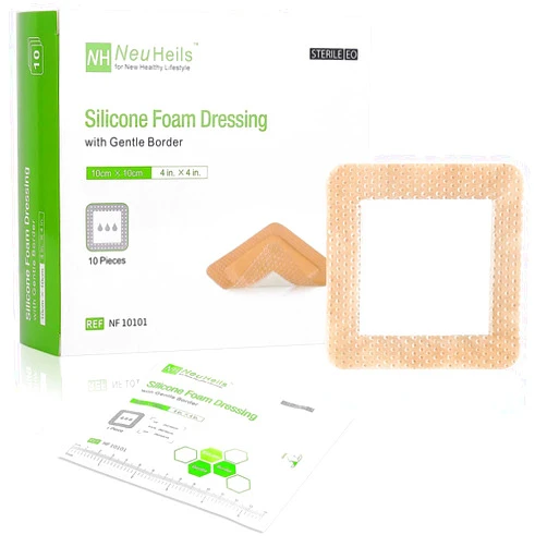 NEUHEILS Silicone Adhesive Foam Dressing with Gentle Border 4''x4'' for Bed Sore Leg Ulcer 10 Pack, High Absorbency Waterproof Silicone Wound Bandage