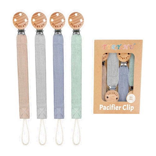 TYRY.HU Ribbon Pacifier Clip Holder,4 Pack Binky Paci Holder Clips, Pacifier Leash for Boys and Girls, Soft Webbing Strap Universal Fits for Most Pacifier, Styles & Teethers(Khaki,Grey,Blue,Green)