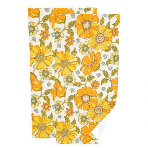 COVASA Retro 70s Style Floral Hand Towels for Bathroom Set of 2,Vintage Orange Groovy Blossom Flowers Kitchen Towels,Microfiber Absorbent Decorative Guest Bathroom Towels for Face,Shower,Gym 14