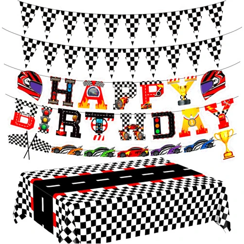 WNINK Racing Car Theme Tablecloths Happy Birthday Banner Racetrack Rectangular Tablecloth Race Car Party Decor Kit, for Race Car Birthday Party Decorations, 54 x 108 Inch
