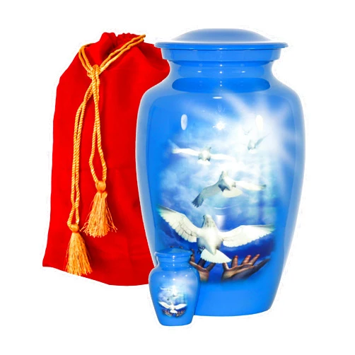 THE ASCENT MEMORIAL Blue Urn for Human Ashes Adult Male Female | Large Cremation Urn | Handcrafted Funeral Small Keepsake Vial | 2 Velvet Carry Bags for Urns & Keepsakes