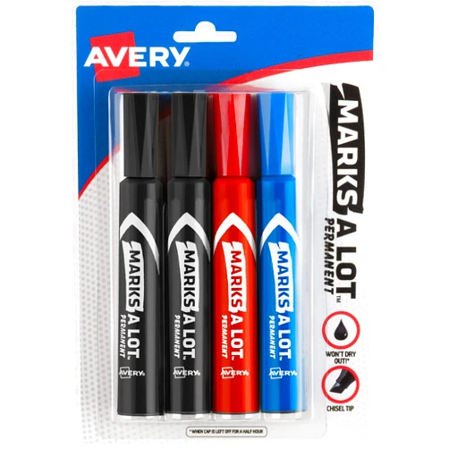AVERY Marks-A-Lot Permanent Markers, Regular Desk-Style Size, Chisel Tip, Water and Wear Resistant, 4 Assorted Markers (07905)