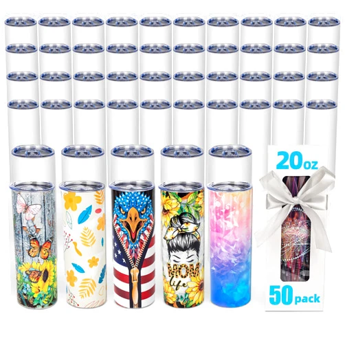 UIRZOTN 50 Pack 20 OZ Sublimation Tumbler Blanks Skinny Straight in Bulk, Stainless Steel Insulated Sublimation Tumbler with Polymer Coating for Heat Transfer, With Lid, Straw, ribbon, Keepsake Box