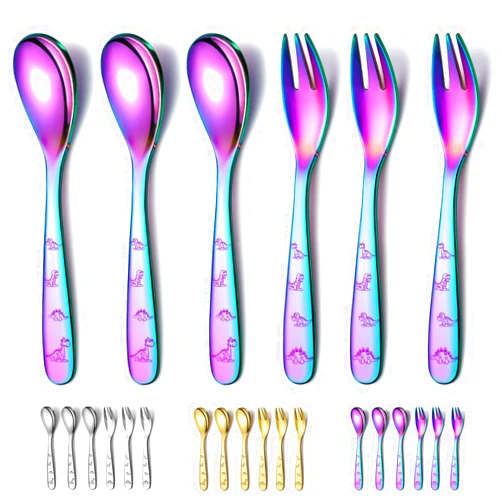 Evanda Rainbow Toddler Utensils, Rainbow Titanium Coated 6 Pieces Stainless Steel Toddler silverware set, Kids Utensils Forks and Spoons, Mirror Polished Smooth Round Tableware and Dishwasher Safe