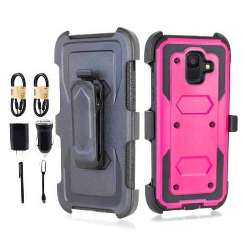 6-goodeals for Samsung Galaxy A6 (2018), 6goodeals Heavy Duty Armor Shockproof Protection Case Built in Screen Protector Belt Swivel Clip Kickstand [Accessory Bundle] (Purple)