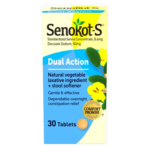 Senokot S Dual Action Natural Vegetable Laxative Ingredient Plus Stool Softener Tablets, Gentle Dependable Overnight Relief of Occasional Constipation, 30 Count