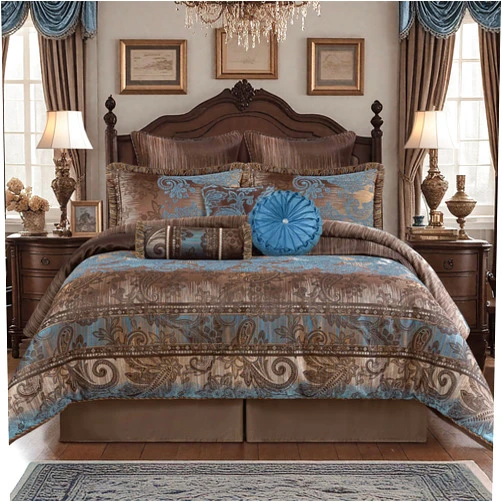 Loom and Mill 9-Piece Queen Comforter Set, Vintage Paisley Jacquard Comforter Sets Queen Size, All Season Soft Bedding Sets with Euro Shams, Bedskirt, Filled Decorative Pillow(Dark Brown+Blue, Queen)
