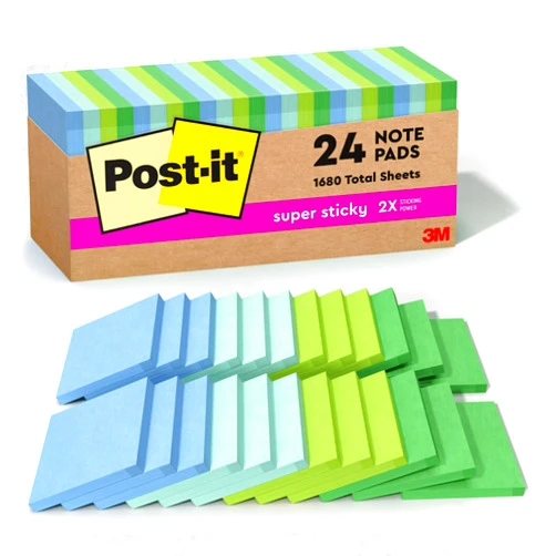 Post-it Super Sticky Recycled Notes, 3x3 in, 24 Pads, 2X The Sticking Power, Oasis Collection, 30% Recycled Paper
