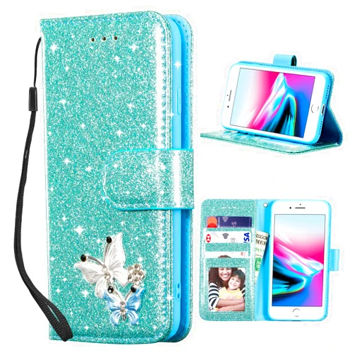 UEEBAI Wallet Case for iPhone 7 Plus/iPhone 8 Plus, Glitter PU Leather Phone Case Card Slots Kickstand Case Magnetic Closure Bling Flip Case Shockproof Hand Strap Flip Cover - Mint Green