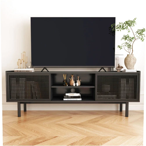 ORRD TV Stand for TVs Up to 70 Inch, Accent Iron Rattan Storage Cabinet Television Stands Entertainment Media Center Console Table with Sliding Barn Door and Adjustable Shelves for Living Room