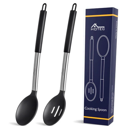 HOTEC Heat Resistant Large Silicone Cooking Spoon, Solid Slotted Spoons, Nonstick Kitchen Cookware Utensils, Mixing, Serving, Stiring Large Spoons, Black