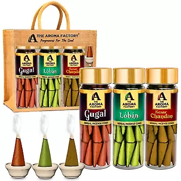 The Aroma Factory Organic Incense Dhoop Cones 3x30 Cones Jute Gift Set with Holder (Religious Aromas)