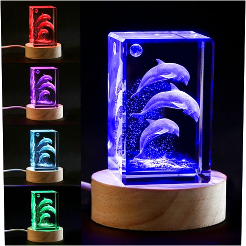 YouerCrystal 3D Crystal Dolphin Figurine Night Light with LED Light Base, Birthday Gift for Kids Women Unique, Thanksgiving Christmas Valentines Anniversary Birthday Gifts for Lovers (3D-Dolphin)