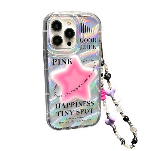 MQCRWFQ Pink Star Phone Case Cute Sparkly Bling Star iPhone Cover with Chain for Phone 15 14 13 12 11 Pro Max Plus XS XR XSMAX Star Pattern with Pearl Love Heart Bracelet for Women Girls(Pinkstar, 13/14)