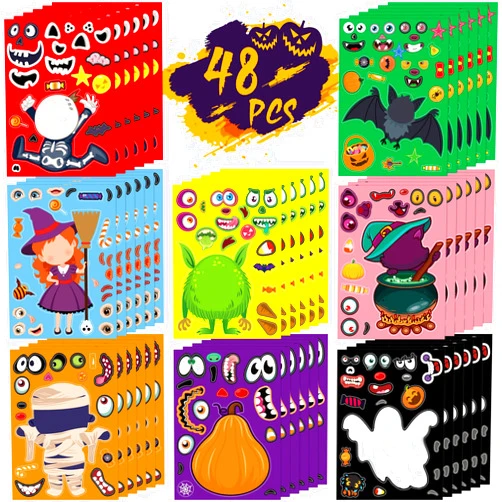 NOVWANG 48 Sheets Halloween Stickers for Kids, Halloween Make a Face Stickers Kids DIY Make Your Own Stickers for Halloween Party Favors Game Activities Pumpkin Stickers for Halloween Decorations