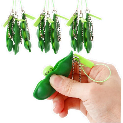 TOUGS 10 Pack Fidget Bean Toy Green Squeeze Bean Keychain for Kids Adults Stress and Anxiety Relief