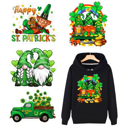Doneace St. Patrick's Day Iron on Transfers Patches Lucky Clover Heart Design Iron on Decals Green Gnome Four Leaf Iron On Appliques Washable Heat Transfer Vinyl HTV Iron on Stickers for Clothes 4Pcs