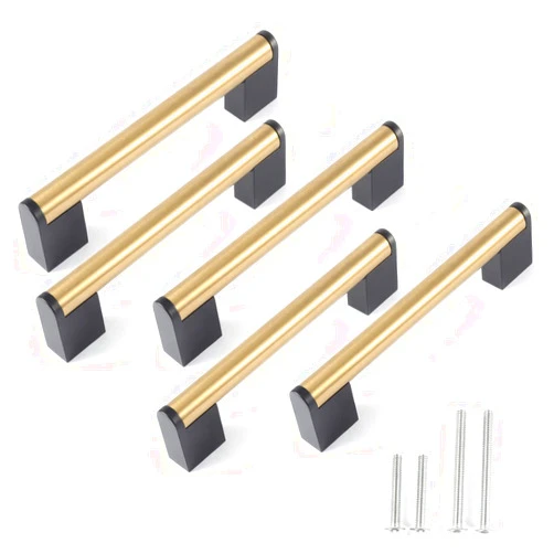 FULGENTE 5 Pack 5'' Gold and Black Cabinet Pulls Brushed Brass Handles Drawer Stainless Steel Hardware for Kitchen Bath Bedroom Modern Style Hole Spacing 5inch(128mm)