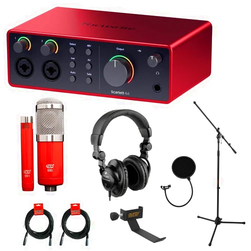 Kellards Focusrite Scarlett 4i4 USB-C Audio/MIDI Interface (4th Gen) Bundle with Studio Monitor Headphones, MXL 550/551 Microphone Ensemble Kit, Pop Filter, Mic Stand, Headphone Holder and 2x XLR Cable
