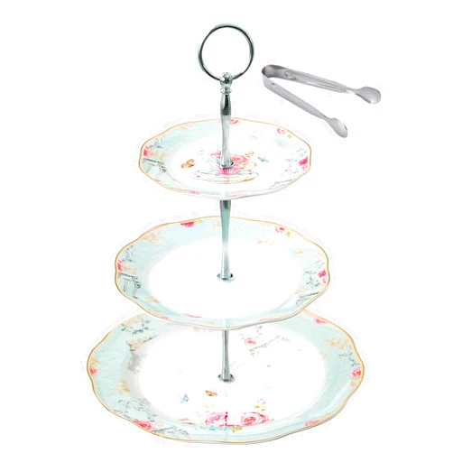 Jusalpha Light Blue 3-tier Ceramic Cake Stand- Cupcake Stand- Tea Party Pastry Serving Platter Comes In a Gift Box- Free Sugar Tong (FD-QD3T)
