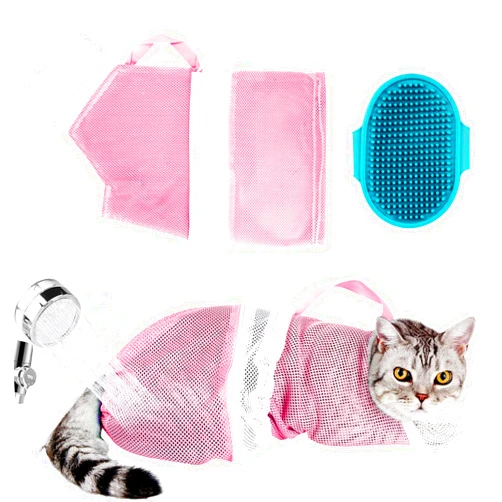 Ameami Cat Bag for Bathing Set with Cat Grooming Washing Bag Adjustable Pet Shower Brush - Cat Bathing Mesh Bag Anti Scratch Anti Bite Soft Durable for Cats & Dogs Restraint Grooming Nail Trimming Washing