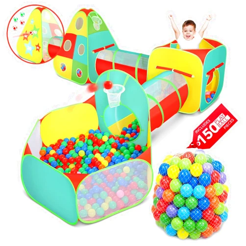 Kiddzery 5pc Tunnel and Ball Pit Play Tent + 150 Crush Proof Balls | Jungle Gym with Crawl Tunnels, Target Game, Basketball Hoop, and Teepee Tent for Toddlers & Kids | Indoor & Outdoor Fun