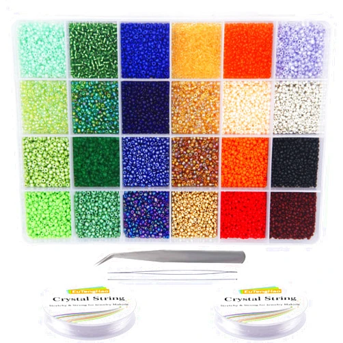 EuTengHao 14400pcs Glass Seed Beads Small Craft Beads for DIY Bracelet Necklaces Crafting Jewelry Making Supplies with Two 0.5mm Clear Bracelet String (600Pcs Per Color, 24 Colors)