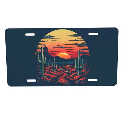 FeHuew Sunset Desert Cactus License Plate Front Car Decorative Novelty Auto Plate Car Tag Vanity Gift Metal Aluminum Plate for Women/Man 12x6 inch Wall Decor