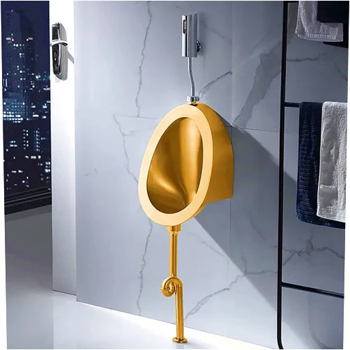 XGQXZWC Wall Mounted Sensor Urinal, 304 Stainless Steel Urinal, Men's Flushing Urinal, Wall Mounted Smart Men's Urinal, Vertical Drainage Public Toilet, Urinal + Sensor, for Bathrooms, Hotels, Shopping(Gold)