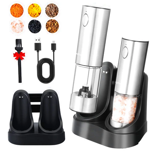 HZTzone Electric Salt and Pepper Grinder Set with Charging Base, Stainless Steel Rechargeable Pepper Mills with 95ml Large Capacity, White LED Light and Adjustable Coarseness Grinder Ideal for Home, Kitchen