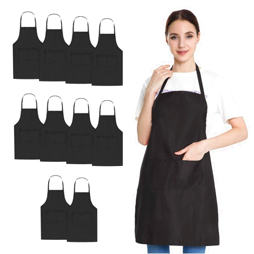 Hi loyaya Black Apron with Pockets for Women Men Adult Chef, Set of 10 Bulk Kitchen Aprons for Cooking Baking Restaurant Painting DIY BBQ (10, Black)