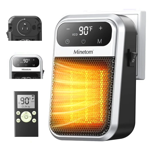 Minetom Portable Plug In Space Heater, 800W Small Wall Heater for Indoor Use, Remote, 12H Timer, ECO Mode, Overheat Protection, Fast and Safe Heat for Bathroom Garage Office Bedroom Home