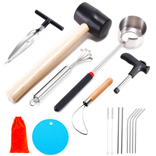 CJFocus Coconut Opener Tool Set, Safe & Easy to Open Young & Mature Coconuts Tool, Food Grade Stainless Steel Coco Nut Opener Kit with Rubber Mallet Meat Removal, Scraper, Straw & Silicone Mat, ALL IN ONE Bag