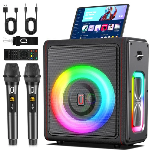 PPMIC Karaoke Machine with 2 Wireless Microphones, Portable Bluetooth 5.3 Karaoke Speaker with Upgraded Subwoofer for Adults, PA System with Echo Adjustment, Support TWS/TF Card/USB/AUX/Live