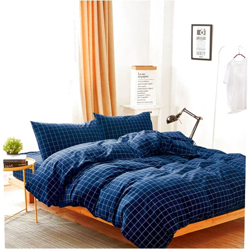 Wake In Cloud - Grid Cotton Duvet Cover Set, Plaid Checkered Geometric Farmhouse, 100% Washed Cotton Textured Percale Bedding Set, 3 Pieces, Navy Blue, Queen Size
