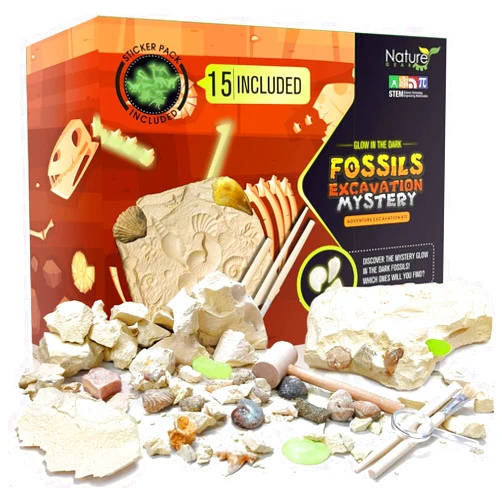 Nature Gear Dino Fossil Dig Kit for Kids, Educational Excavation Kit with 15 Glow in The Dark Mystery Fossils, Interactive Dinosaur Science Kits for Kids Age 3-5 and Up, Excavation Adventure Kit