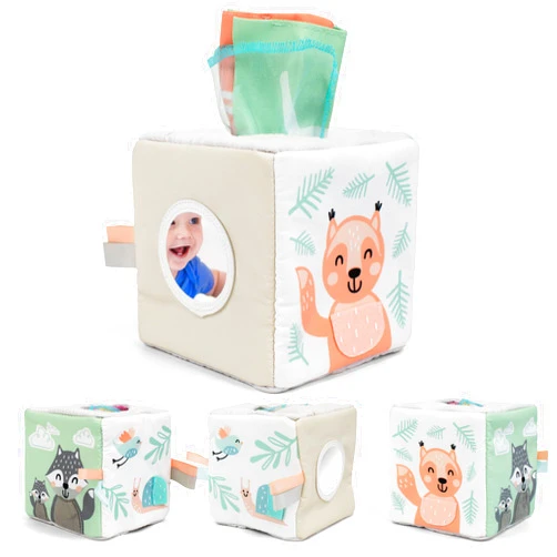 ZICOTO Fun Baby Tissue Box with Stimulating Mirror For Endless Entertainment - Soft Montessori Toy w/ Crinkle Paper & Fabric Tissues - The Perfect Sensory Toy For Newborn/Infant Development From 6-12+ Months
