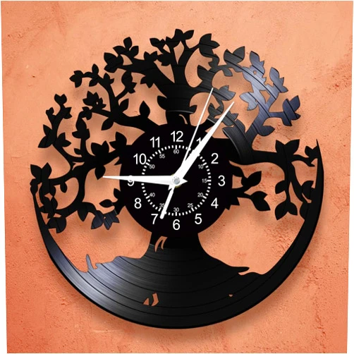 TIMEGLOW 12'' Tree of Life Retro Vinyl Record Wall Clock, Family Tree Retro Wall Art Decor Clock Mid-Century Wall Watch Clock Silent Movement Battery Operated for Housewarming Gift Living Room Kitchen
