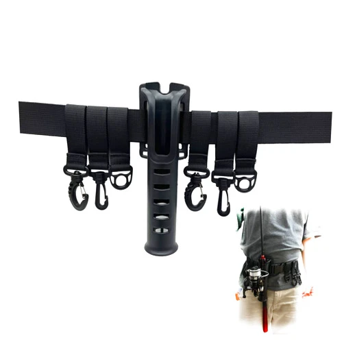 Deapeick Fishing Waist Belt Rod Holder Adjustable Waist Wading Belts with 6 Removable Hooks and Portable Pole Inserter for Spinning Casting Fly Fishing Gear Accessories Wader Strap