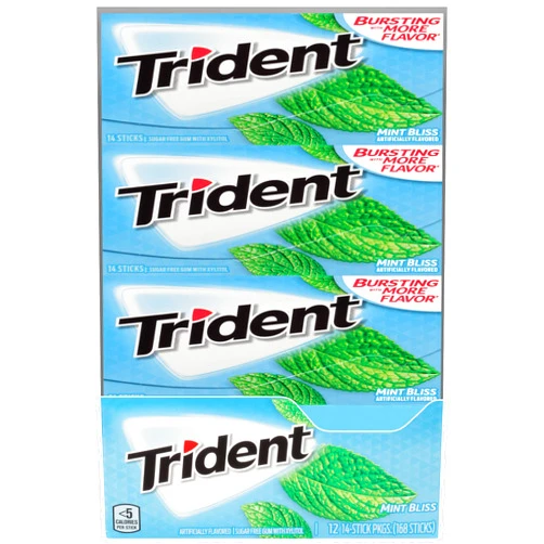 Trident Mint Bliss Sugar Free Gum, 14 count per pack -- 144 per case.