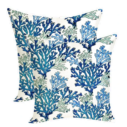 OFIRD Summer Coastal Pillow Covers 18x18 Pack of 2 Navy Blue Coral Throw Pillow Cover Coral Branch Ocean Themed Beach Decor Pillowcase Beachy Nautical Cushion Case for Sofa Couch Outdoor Decor