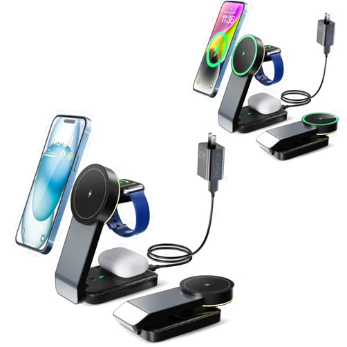 Manfh 3 in 1 Wireless Charging Station for Apple Devices, Portable Mag-Safe Charger with Light, Charger Stand Compatible with iPhone 15/14/13/12 Series, Apple Watch, Airpods, (Black+Green)