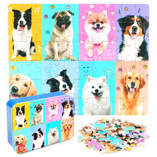 LELEMON Puzzles for Kids Ages 4-6,Dog 60 Piece Puzzles for Kids Ages 4-8,Children Jigsaw Puzzles Kids Puzzles in a Metal Box,Educational Learning Puzzle Toys for Girls and Boys