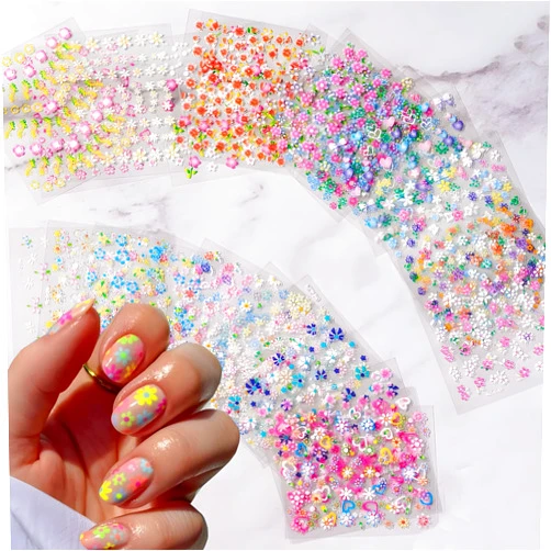 SPLOCUDU 30 Sheets Flower Nail Art Stickers Decals Colorful Flower Nail Stickers 3D Self Adhesive Cute Daisy Floral Nail Decals Heart Nail Supplies Nail Art Design Decoration Accessories for Women and Girls