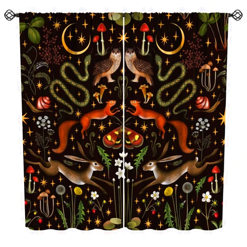 JanJCurt Rustic Forest Blackout Curtains Fairy Tale Forest Land Wild Animals Moths and Flowers Moon Star Background Suitable for Farmhouse Cottage Window Drapes Decoration 2 Panels 42x45 Inch