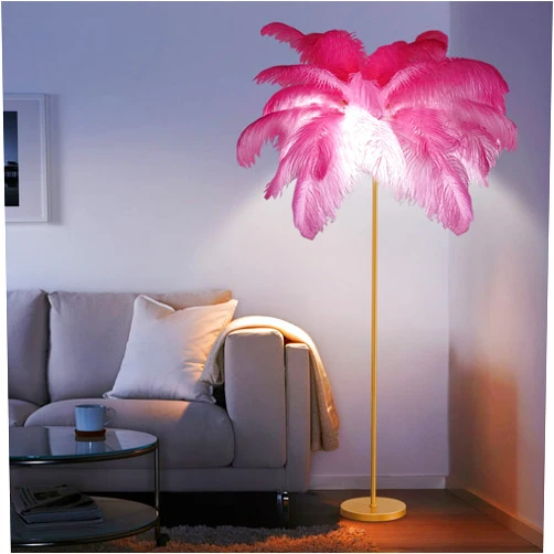 Pombconw Natural Ostrich Feather Lamp - Pink Floor Lamp Modern, 160cm Tall Feather Floor Lamp with Foot Switch, Golden Light Body, Elegant Feather Lamp for Bedroom Living Room (Dark Pink)